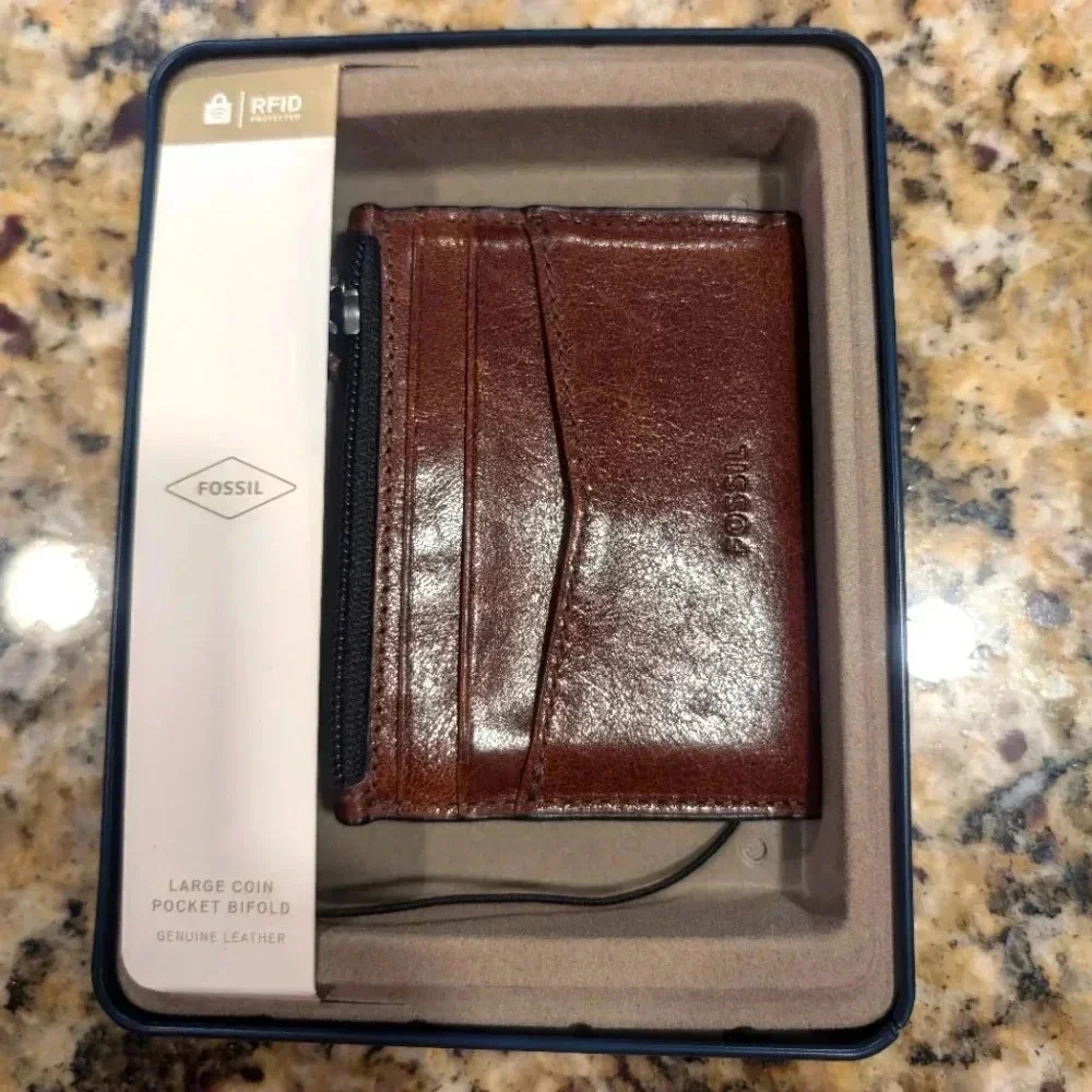 🟢New! Fossil Mens Andrew Leather Minimalist Zip Card Case Wallet w Gift Box Tin